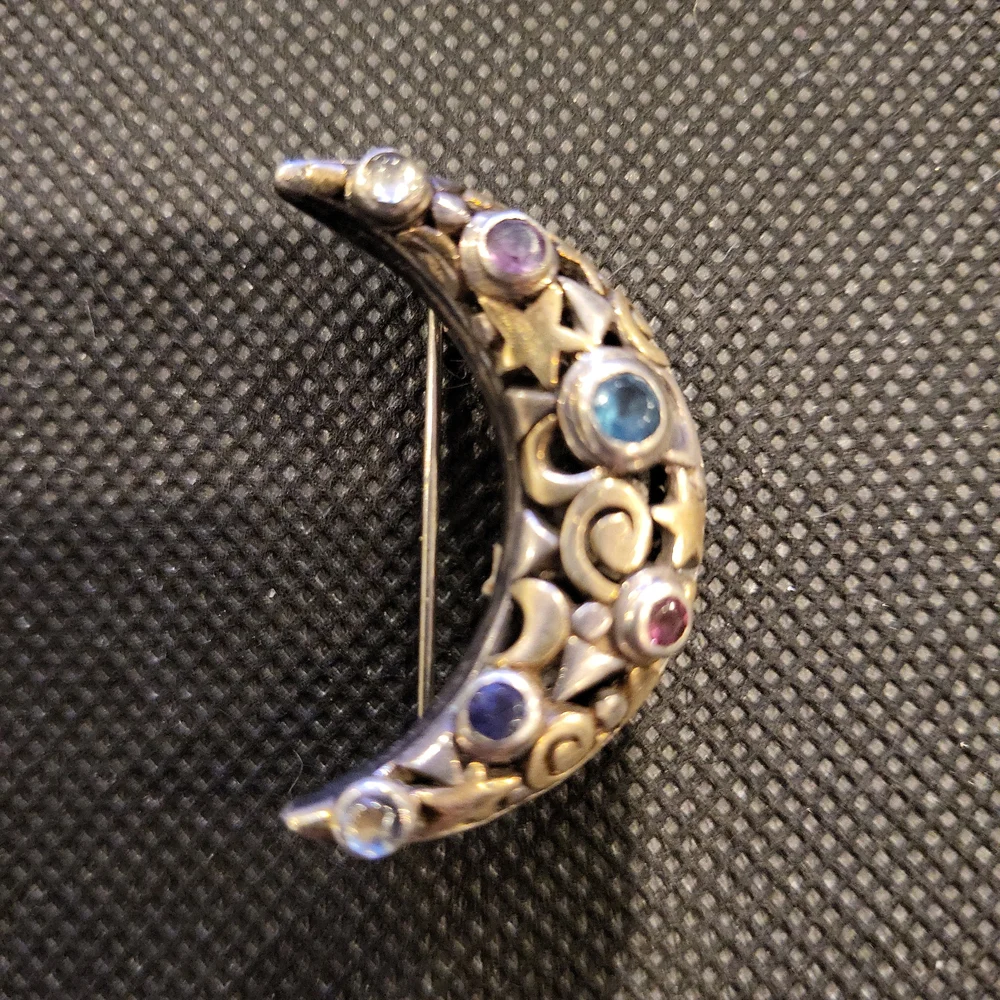 Crescent Moon & Stars Birthstone Sterling Silver Brooch